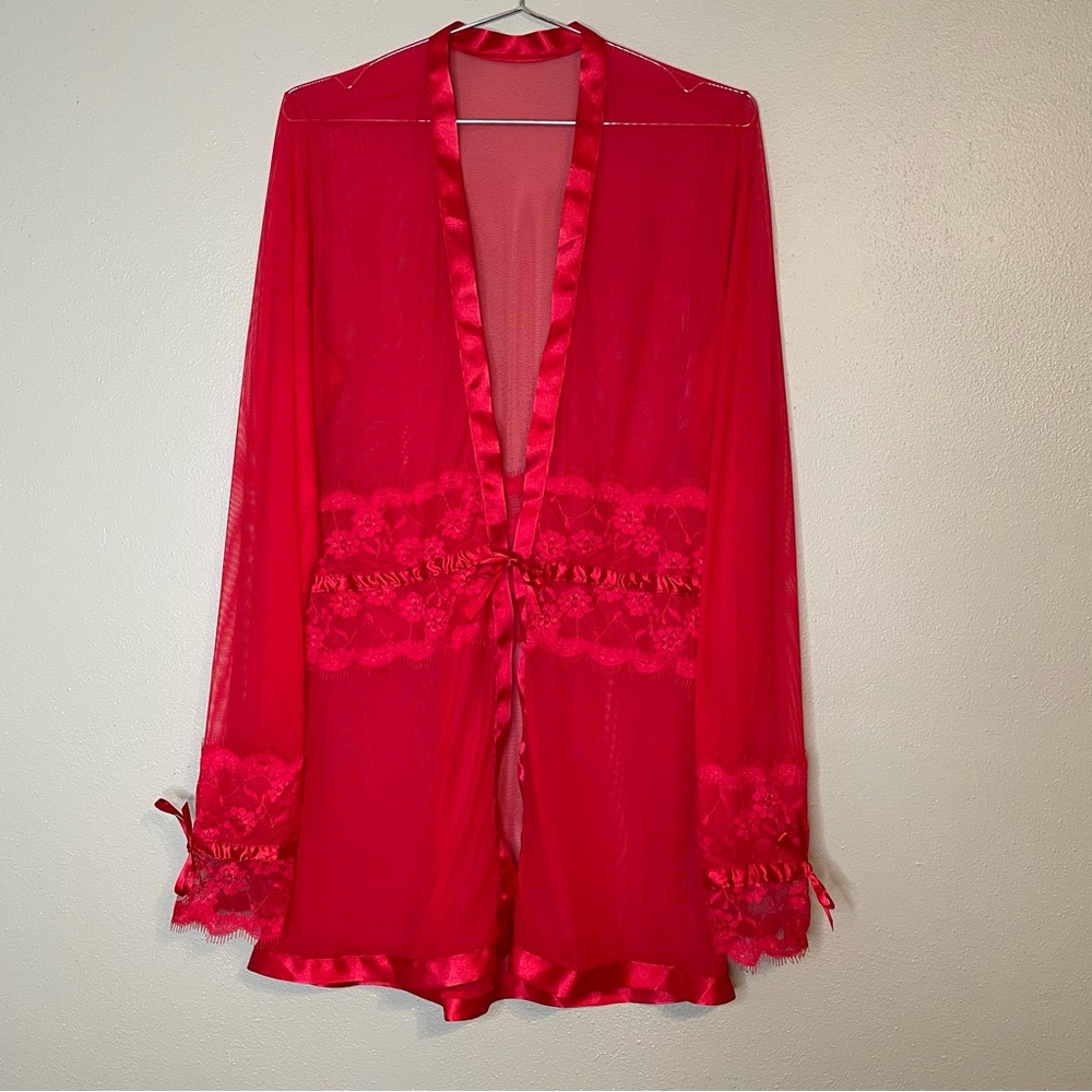 Vintage Red Lace & Satin Sheer Duster Top